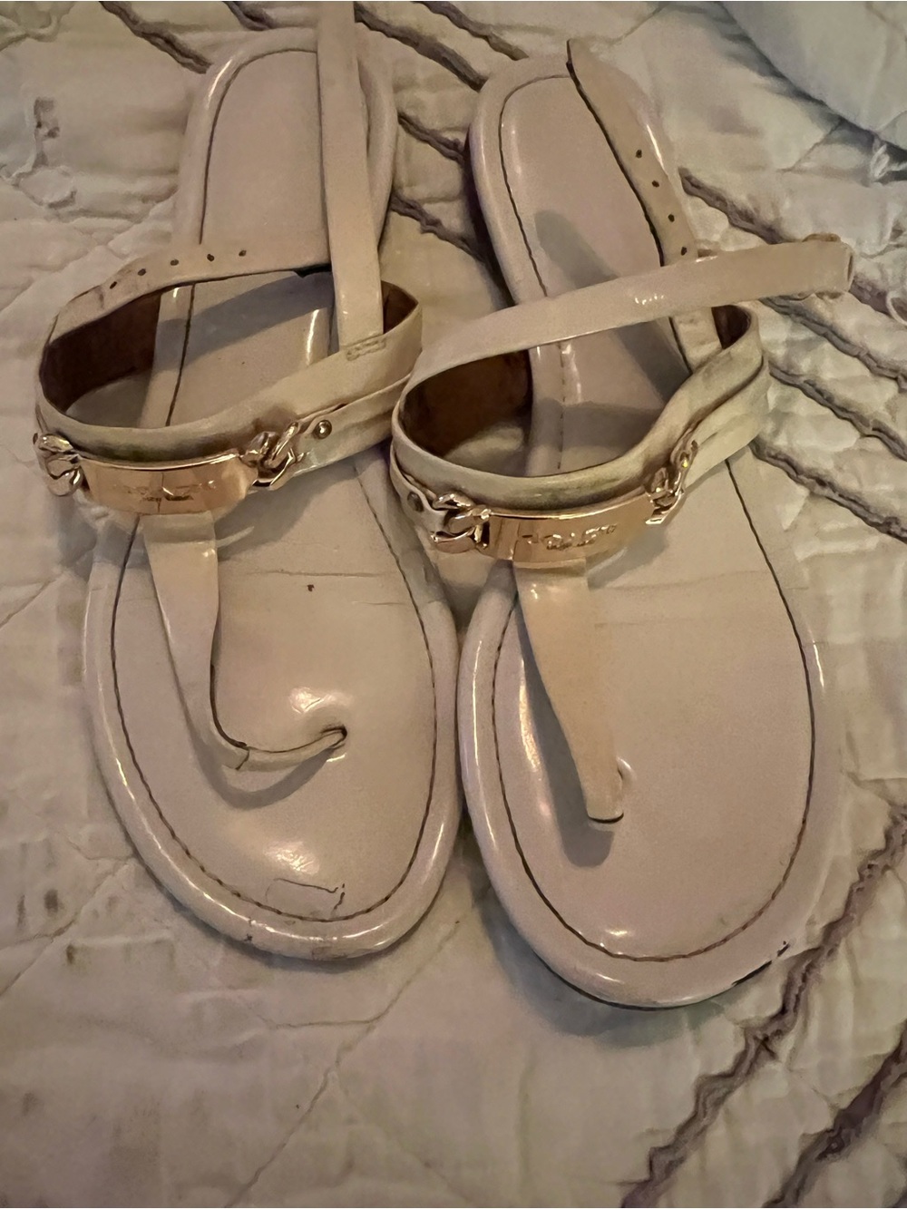 Coach Cream Patent Leather T-Strap Sandals with Gold Logo Plaque